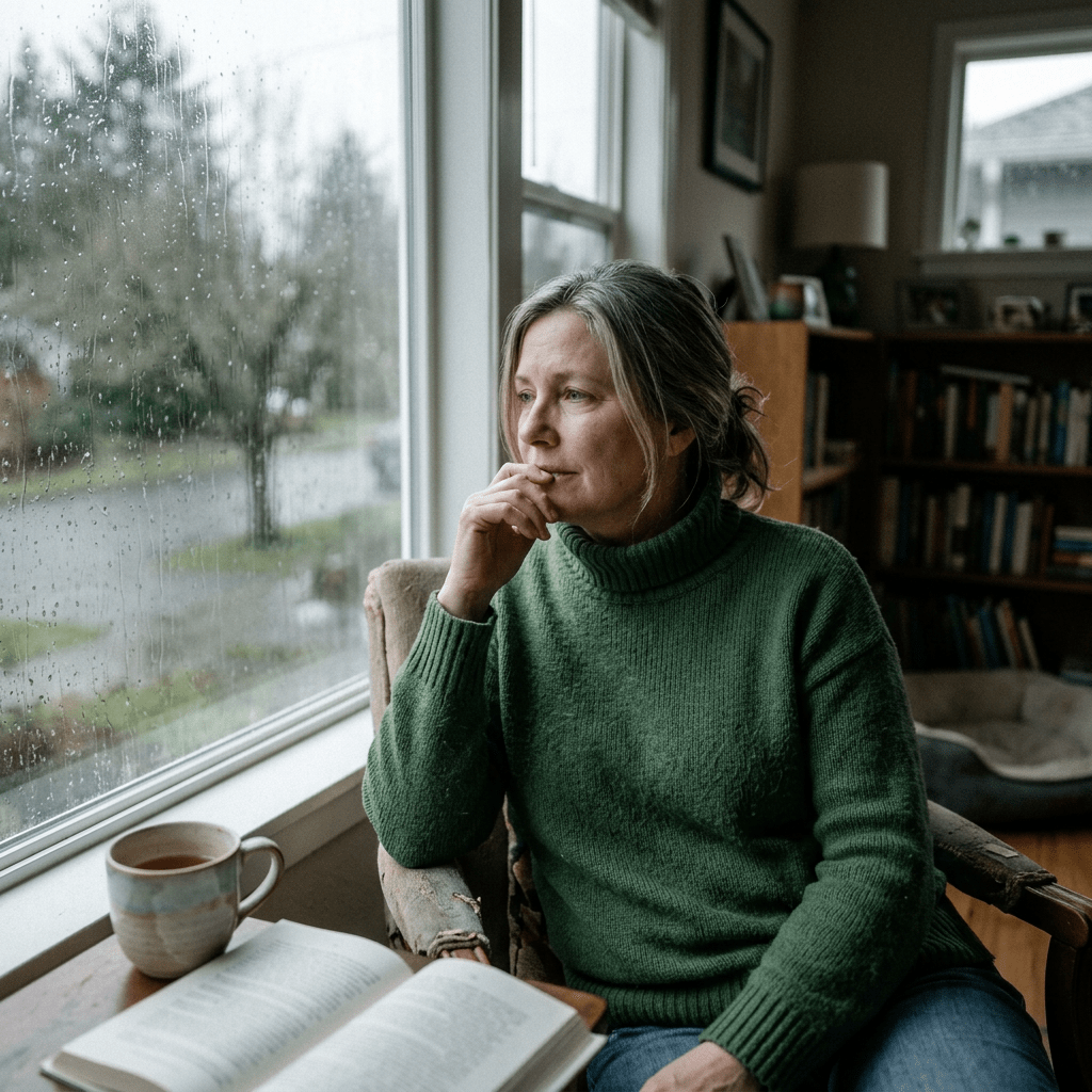 Woman in green sweater looking out window on rainy day with book and coffee nearby